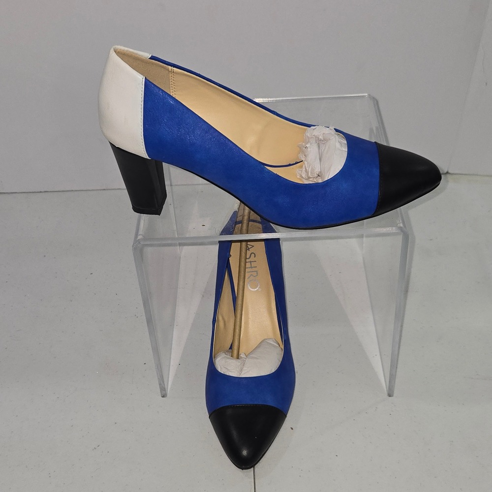 Ashro Womens 8.5M Blue White Black Colorblock Cap Toe Block Heel Pumps Shoes